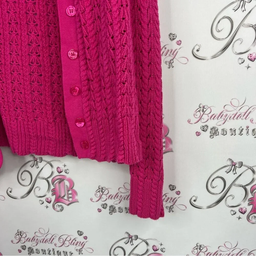Pendleton cardigan sweater knit crochet knitted Fuchsia Cable button up top